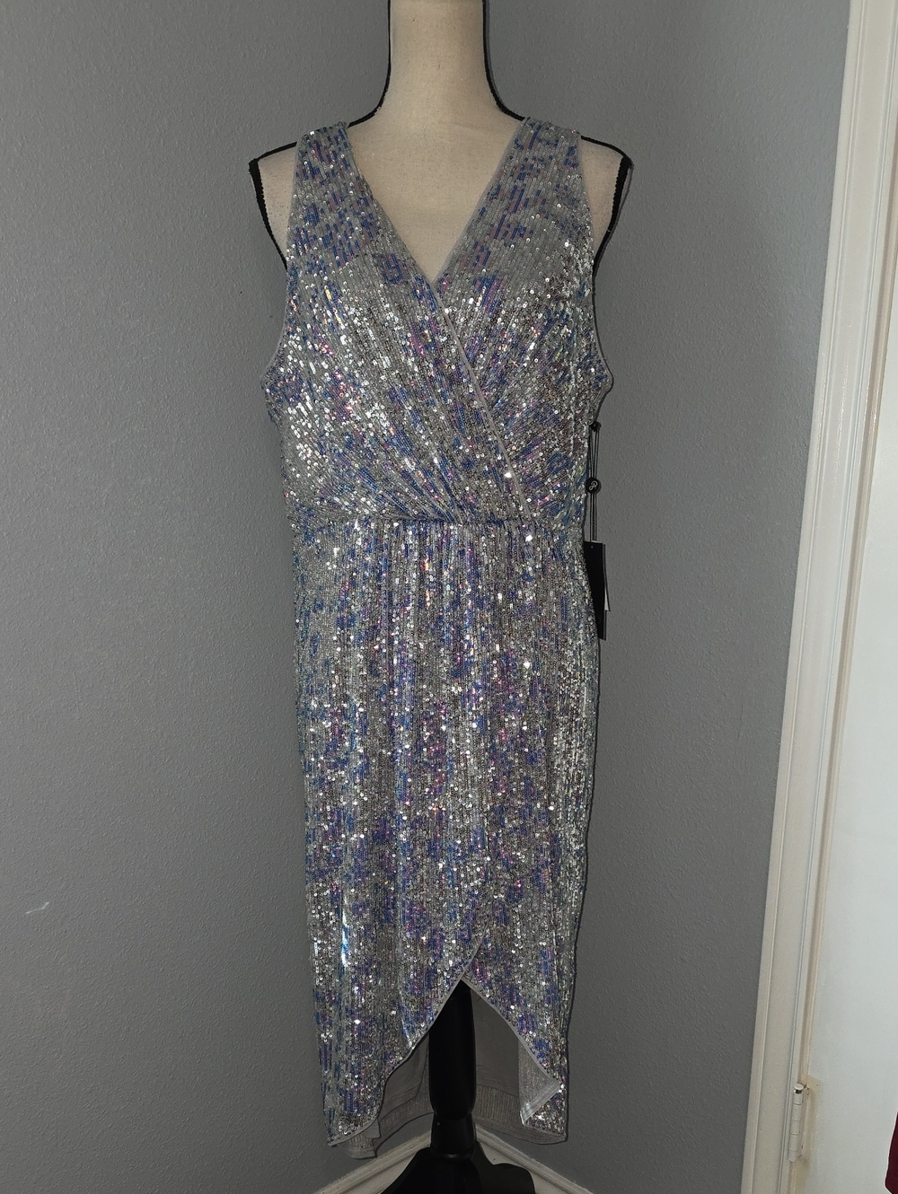 Silver Sequin V-Neck Wrap Midi Dress
